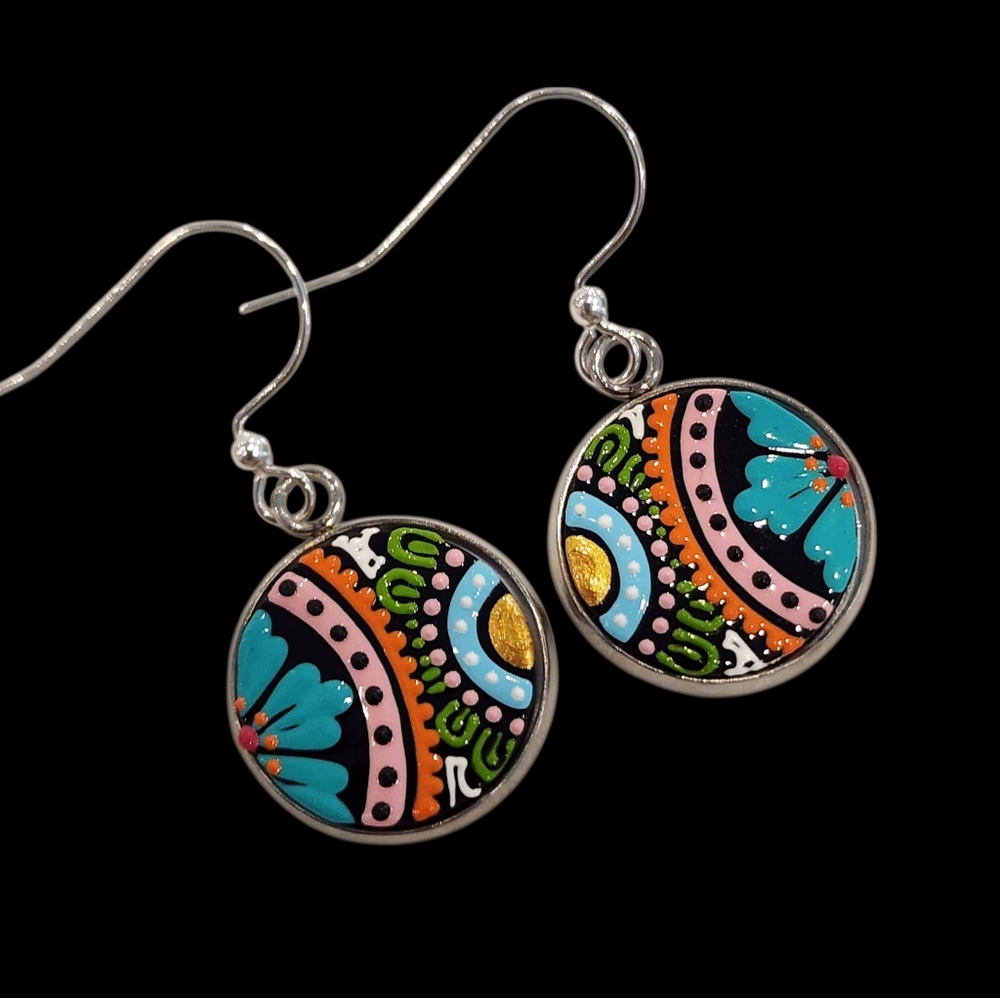 Boho mosaic earrings 925 sterling silver handmade artisan hand painted enamel